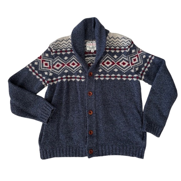 Lucky Brand Shawl Collar Knit Cardigan Sweater Mens L Blue Aztec Fair Isle - Picture 1 of 8